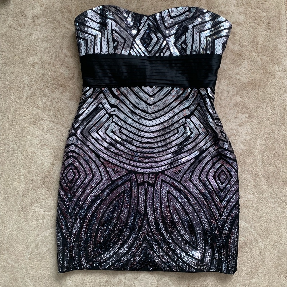 BCBG Sz 6 Silver Sequin Strapless Party Dress